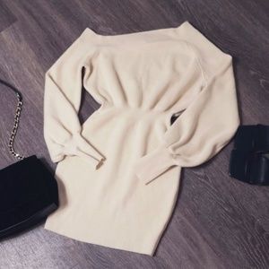 Fashion Nova Beige Mini Off Shoulder Sweater Dress